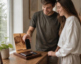 Walnut Phone Dock with Your Story | Favorite Scenery on a Stand | Laser Engraved Gift