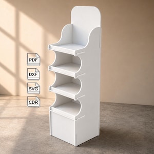 May include: A white floor-standing display rack with four open shelves and a tall back panel. To the left, four stacked icons are visible, each containing the text PDF, DXF, SVG, or CDR, representing digital file formats for this structure.
