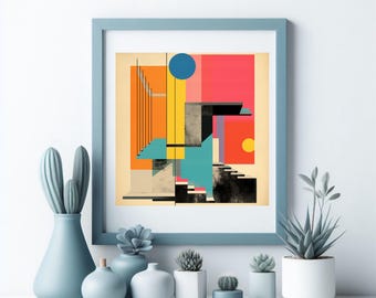 Geometric Abstract Square Art Print | Modern Bauhaus Style Wall Art | Colorful Architectural Design | Printable Digital Art