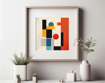 Modern Abstract Geometric Wall Art, Bauhaus Style Minimal Design, Square Digital Download