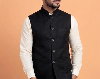 Premium jute Nehru-jas voor heren: Indiaas etnisch gilet