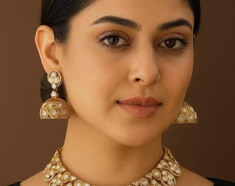 Kundan Polki Indian Necklace Set, Traditional Bridal Jewelry