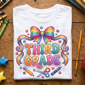 Può includere: Una t-shirt bianca con una grafica colorata che presenta un fiocco arcobaleno in alto e il testo "THIRD GRADE" in grandi lettere stile bolla. Il design include piccole stelle, cuori, una matita, un paio di forbici e un pastello.