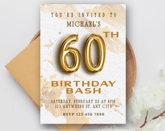 May include: A gold-colored 60th birthday invitation with the text "YOU'RE INVITED TO MICHAEL'S 60TH BIRTHDAY BASH". The invitation includes the date, time, address, and RSVP information. The invitation is on a white and gold background.