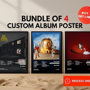 以下が含まれることがあります： 4枚組のカスタムアルバムポスターのセット。ポスターには「Favourite Worst Nightmare」、「Astroworld」、「Cinema」のアルバムアートが掲載されています。右上に「Buy 2 Get 1 Free!」と書かれた赤い丸があります。「Process Under 24 H」という文字が赤い長方形の中にあります。