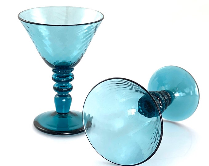 Aqua Blue Green Hand Blown Martini Glass Pair by Jonathan Winfisky