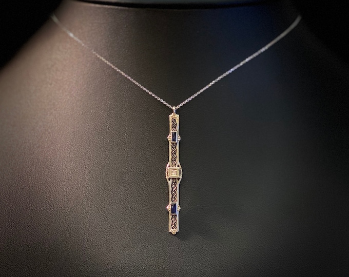 Diamond And Sapphire Filigree Pendant Necklace -Belais - 14k White Gold