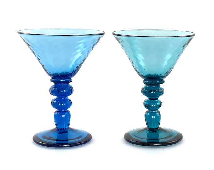 Sky Blue and Aqua Hand Blown Martini Glass Mixed Color Pair by Jonathan Winfisky
