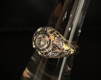 Rose Cut Diamond Engagement Ring - 14k Yellow Gold - Blossom Pattern