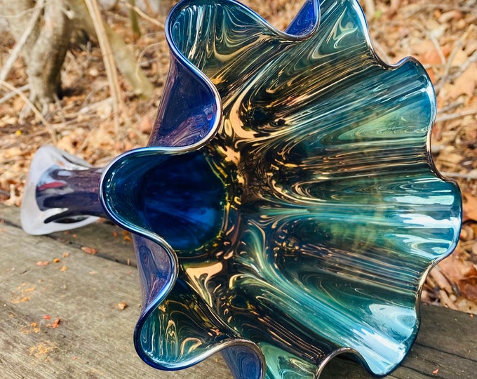 Hand Blown Glass Vase - Cobalt Blue Luster Large Flower Top Vase Form by Jonathan Winfisky