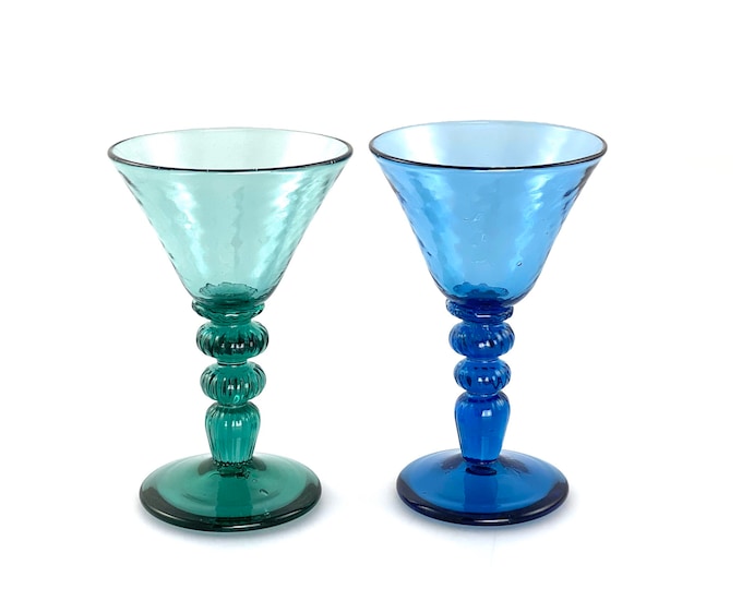 Sky Blue and Lagoon Hand Blown Martini Glass Mixed Color Pair by Jonathan Winfisky