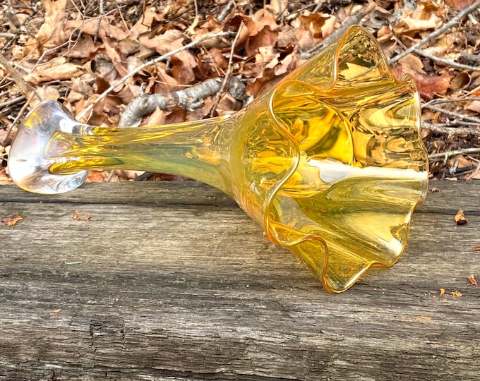 Hand Blown Glass Vase - Transparent Gold Topaz Flower Top Bud Vase by Jonathan Winfisky