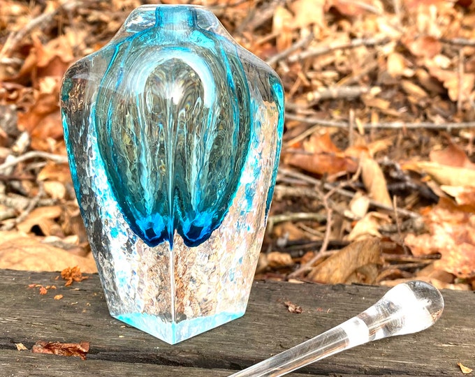 Hand Blown Glass Perfume Bottle - Aqua Blue Cubic  by Jonathan Winfisky