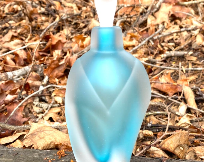 Hand Blown Glass Perfume Bottle - Sandblasted Aquamarine Overlay  by Jonathan Winfisky