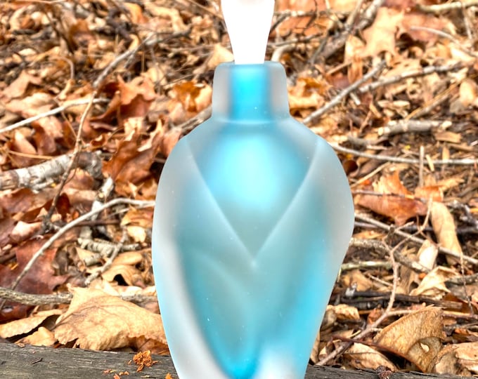 Hand Blown Glass Perfume Bottle - Sandblasted Aquamarine Overlay  by Jonathan Winfisky