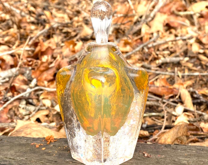 Hand Blown Glass Perfume Bottle - Gold Topaz Cubic  by Jonathan Winfisky