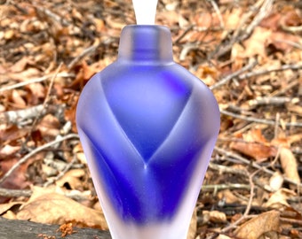 Hand Blown Glass Perfume Bottle - Sandblasted Cobalt Blue Overlay  by Jonathan Winfisky