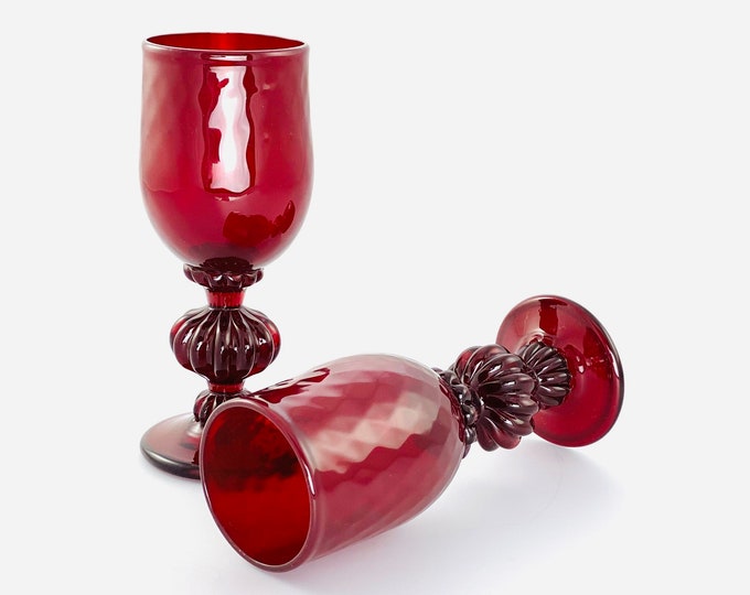 Deep Red Hand Blown Wine Glass Pair by Jonathan Winfisky