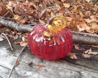 3.5" Glass Pumpkin by Jonathan Winfisky - Transparent Bright Garnet Red - Hand Blown Glass