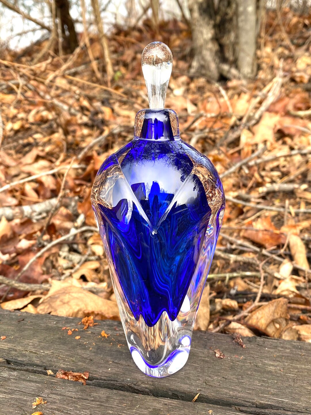 Hand Blown Glass Perfume Bottle Cobalt Blue Overlay by Jonathan