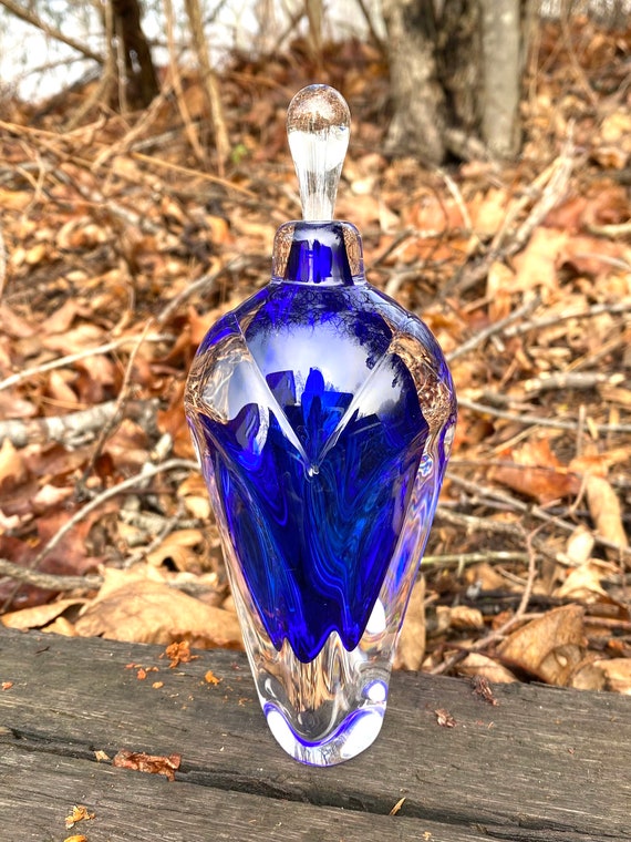 Hand Blown Glass Perfume Bottle Cobalt Blue Overlay by Jonathan