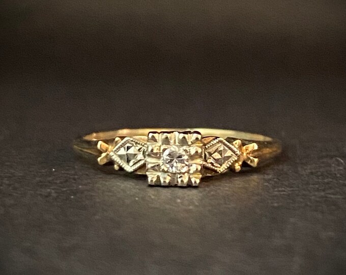 Fine Detail Vintage Solitaire Diamond Engagement Ring- 14k White and Yellow Gold Ring