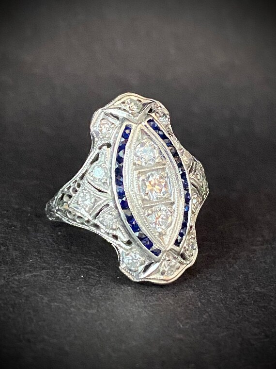 Platinum Diamond Sapphire Engagement Ring Filigre… - image 2