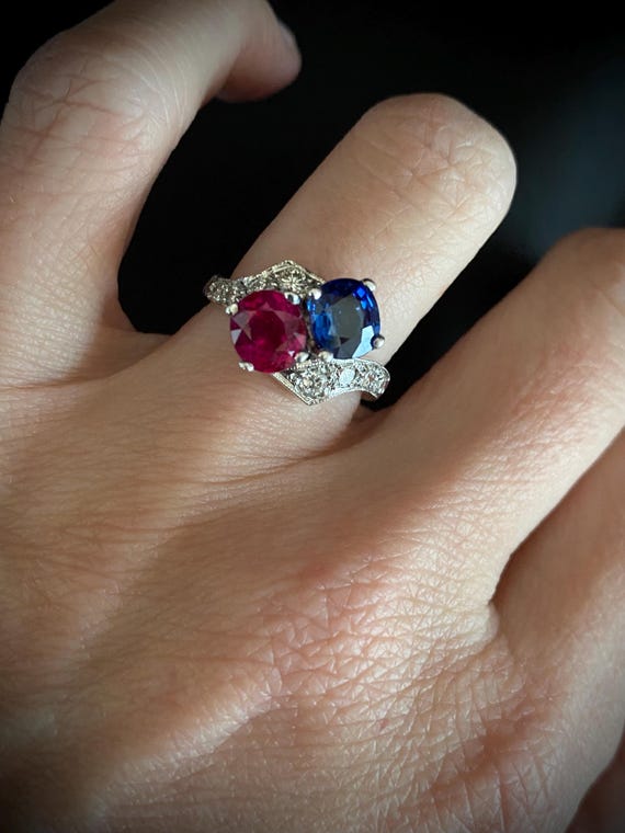 Antique Platinum Diamond Sapphire Ruby Engagement… - image 8