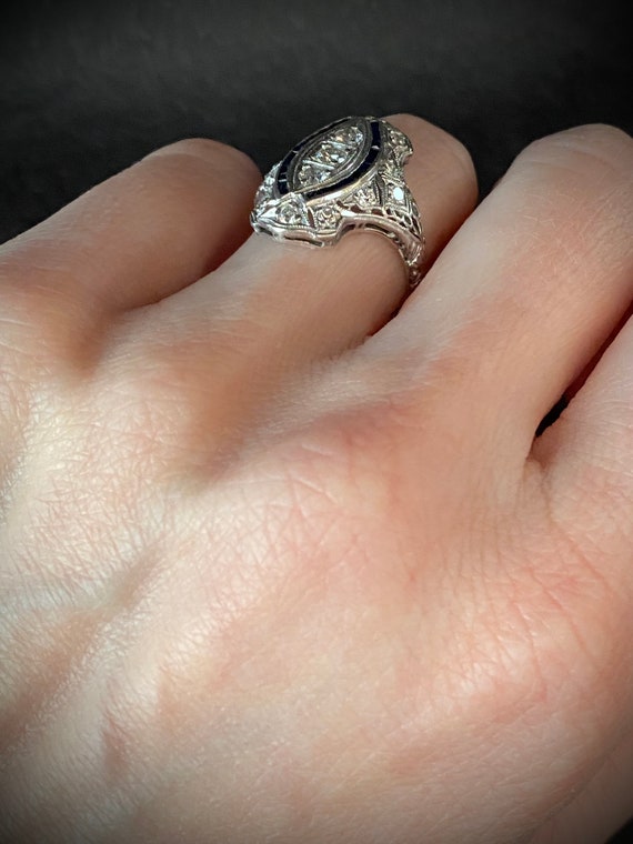 Platinum Diamond Sapphire Engagement Ring Filigre… - image 6
