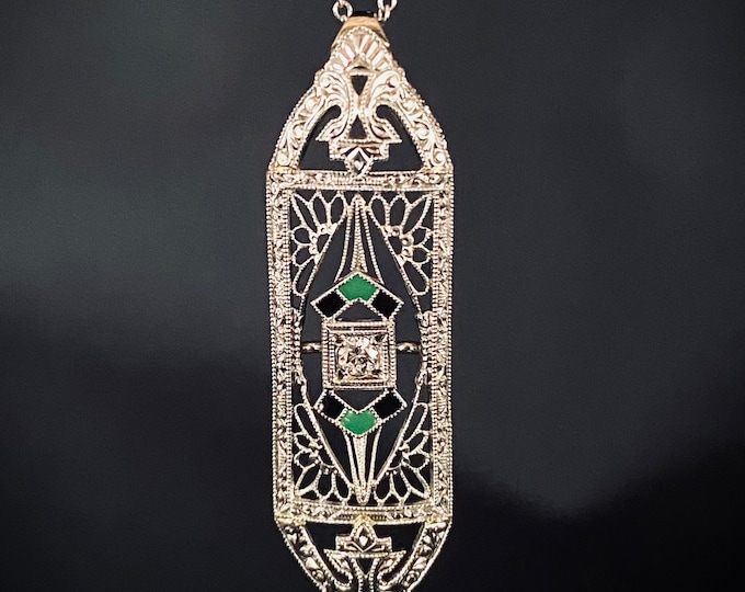 Diamond Enamel Filigree Pendant - 14k Yellow and White Gold