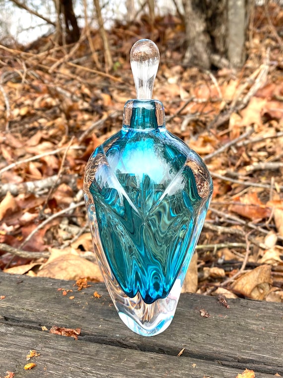 Textured Perfume Bottles Hand Blown Glass Perfume Bottle Aqua Blue