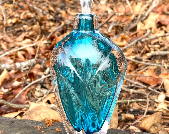 Hand Blown Glass Perfume Bottle - Aqua Blue Overlay  by Jonathan Winfisky