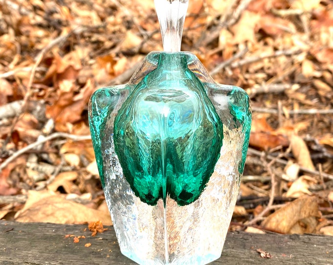 Hand Blown Glass Perfume Bottle - Emerald Green Cubic  by Jonathan Winfisky