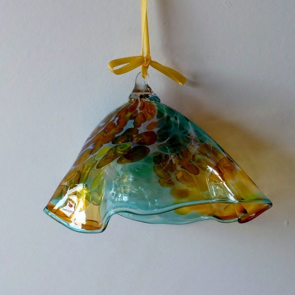 Hand Blown Glass Ornament -Emerald Green and Gold Swirl Free Form - Bell - Holiday - Christmas or Suncatcher -- by Jonathan Winfisky