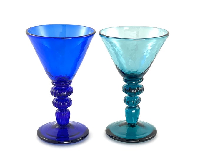 Cobalt Blue and Aqua Hand Blown Martini Glass Mixed Color Pair by Jonathan Winfisky