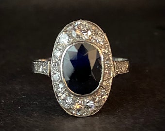 Stunning Antique Platinum Sapphire Diamond Engagement Ring - Halo Ring