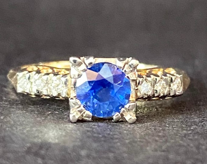 Fine Detail Vintage Blue Sapphire Engagement Ring 14k