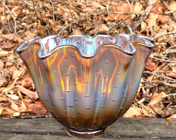 Hand Blown Glass Bowl - Gold Amber Luster Clamshell Bubble Bowl Form by Jonathan Winfisky