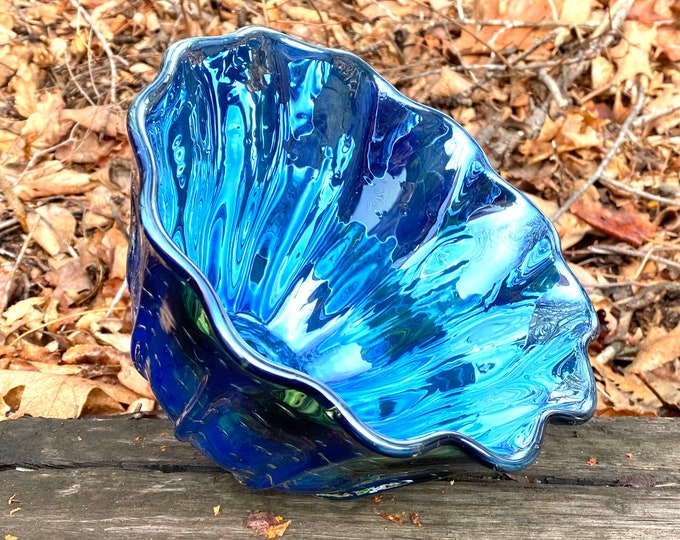 Hand Blown Glass Bowl - Blue Green Luster Clamshell Bubble Bowl Form by Jonathan Winfisky