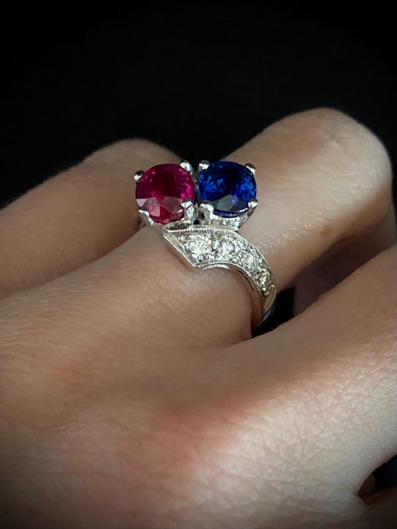 Antique Platinum Diamond Sapphire Ruby Engagement… - image 7