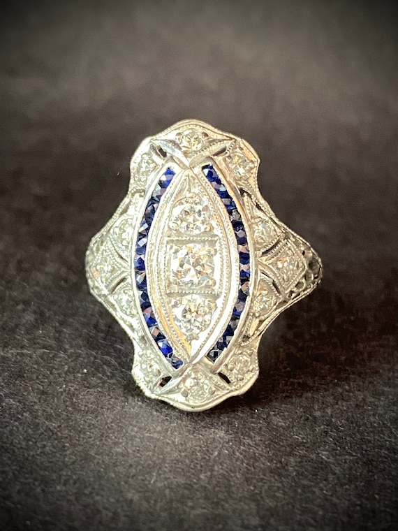 Platinum Diamond Sapphire Engagement Ring Filigre… - image 1
