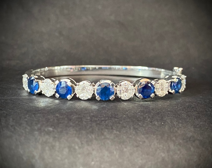 Diamond and Blue Sapphire Bangle Bracelet 18k White Gold