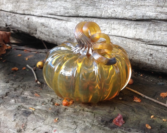 3.5" Glass Pumpkin by Jonathan Winfisky - Transparent Gold Topaz - Hand Blown Glass