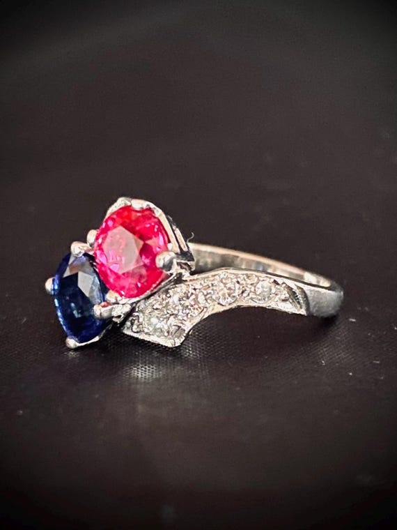 Antique Platinum Diamond Sapphire Ruby Engagement… - image 3