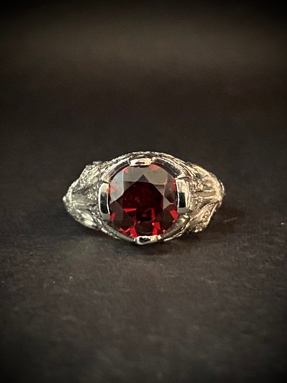 Platinum Diamond Engagement Ring Garnet Filigree