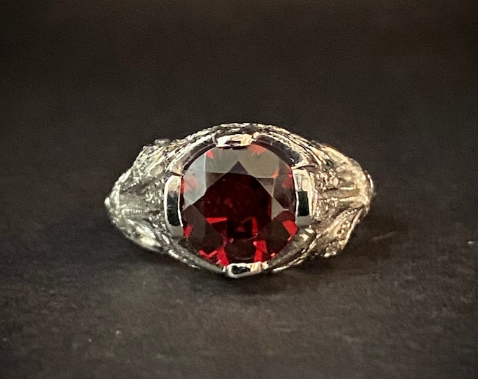 Platinum Diamond Engagement Ring Garnet Filigree