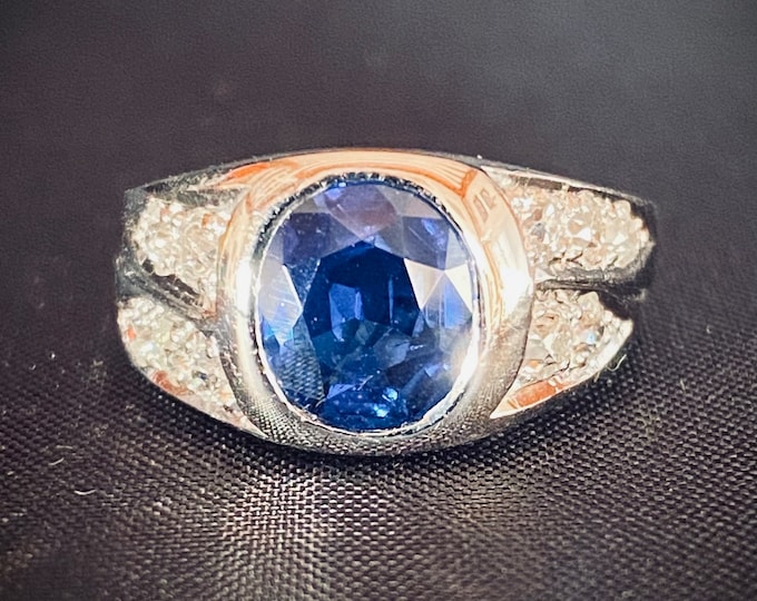 Platinum Mine Cut Diamond GIA Certified Untreated Blue Sapphire Ring