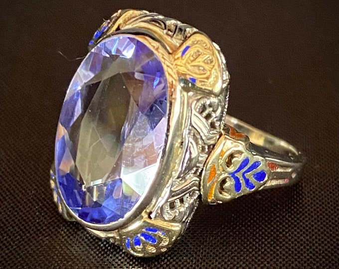 Incredible Large Antique Filigree Blue-Purple Sapphire 14k Yellow and White Gold Engagement Ring