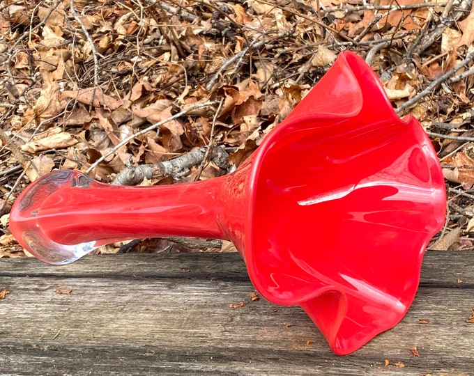 Hand Blown Glass Vase - Opaque Red Flower Top Bud Vase by Jonathan Winfisky