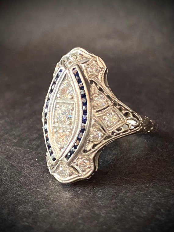 Platinum Diamond Sapphire Engagement Ring Filigre… - image 3